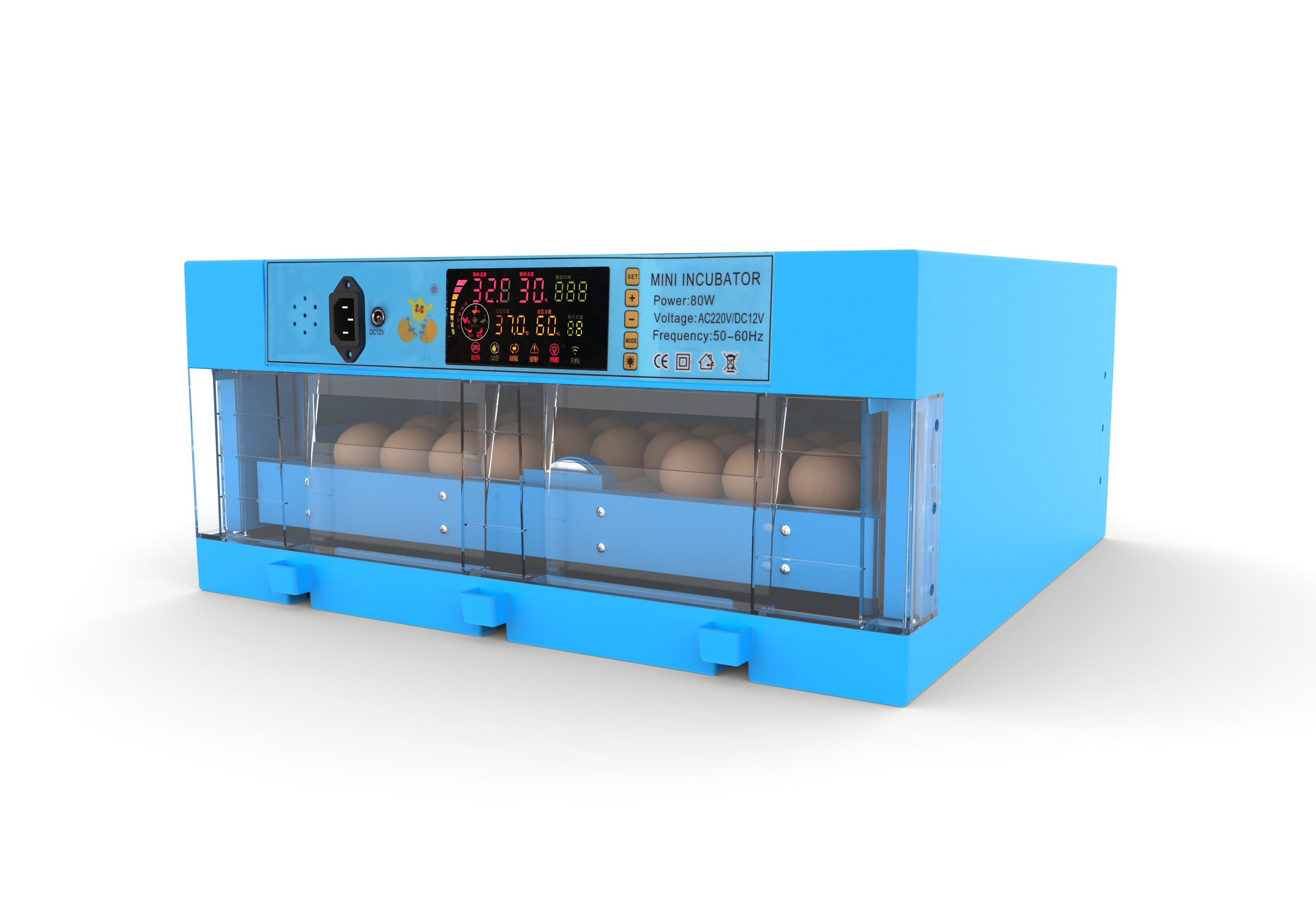 64 roller fully automatic egg incubator with LED display for humidity